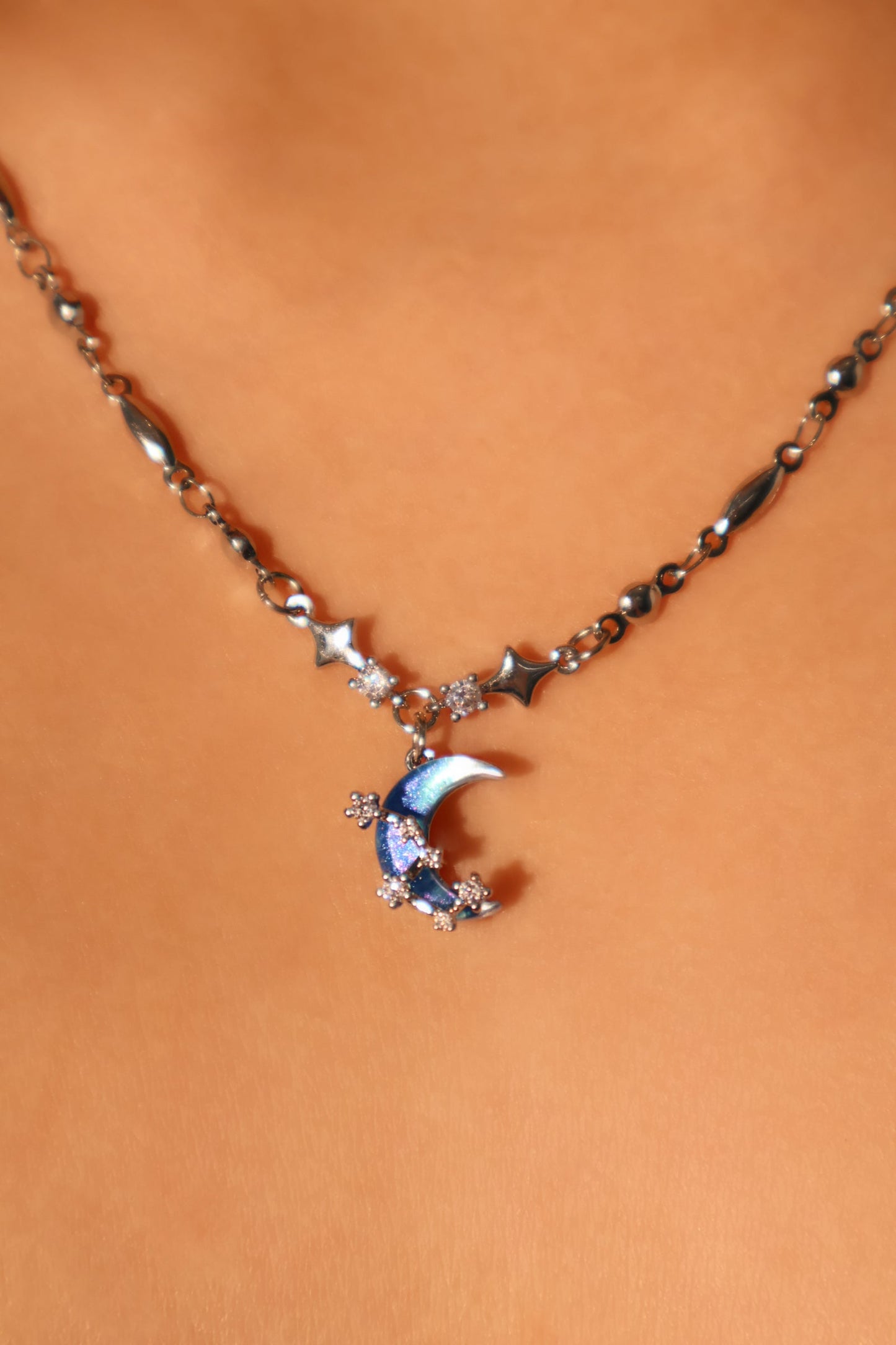 Palladium White Gold Plated Moonstone Moon Star Necklace