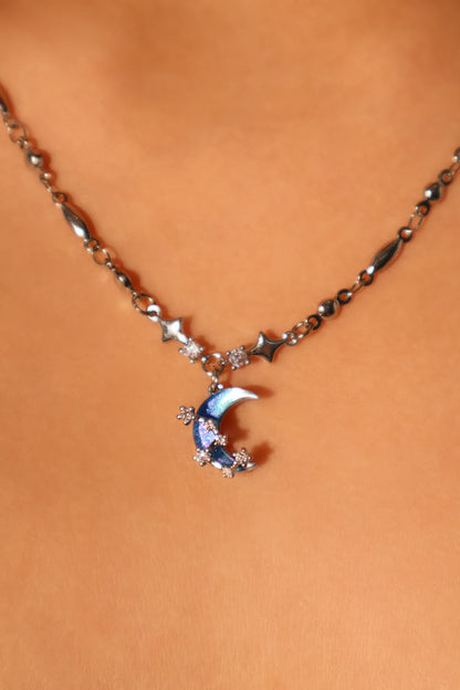 Palladium White Gold Plated Moonstone Moon Star Necklace
