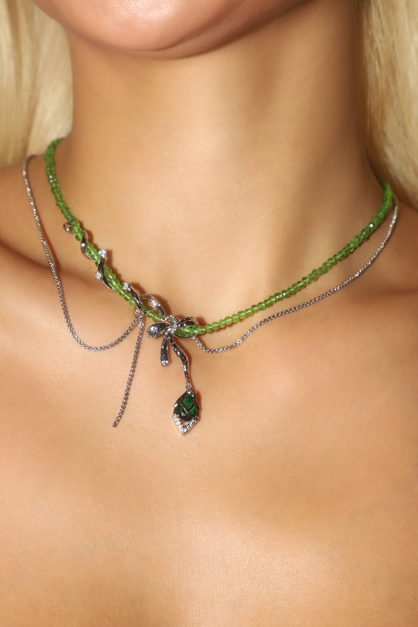 Palladium White Gold Plated Emerald Droplet Necklace