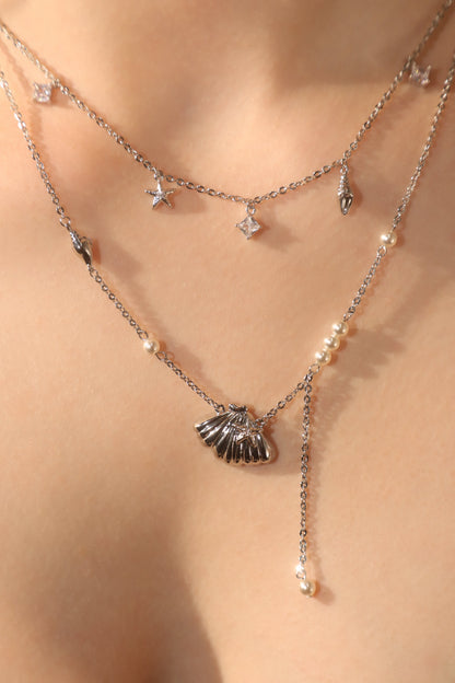 Palladium White Gold Plated Shell Starfish Pearls Layer Necklace