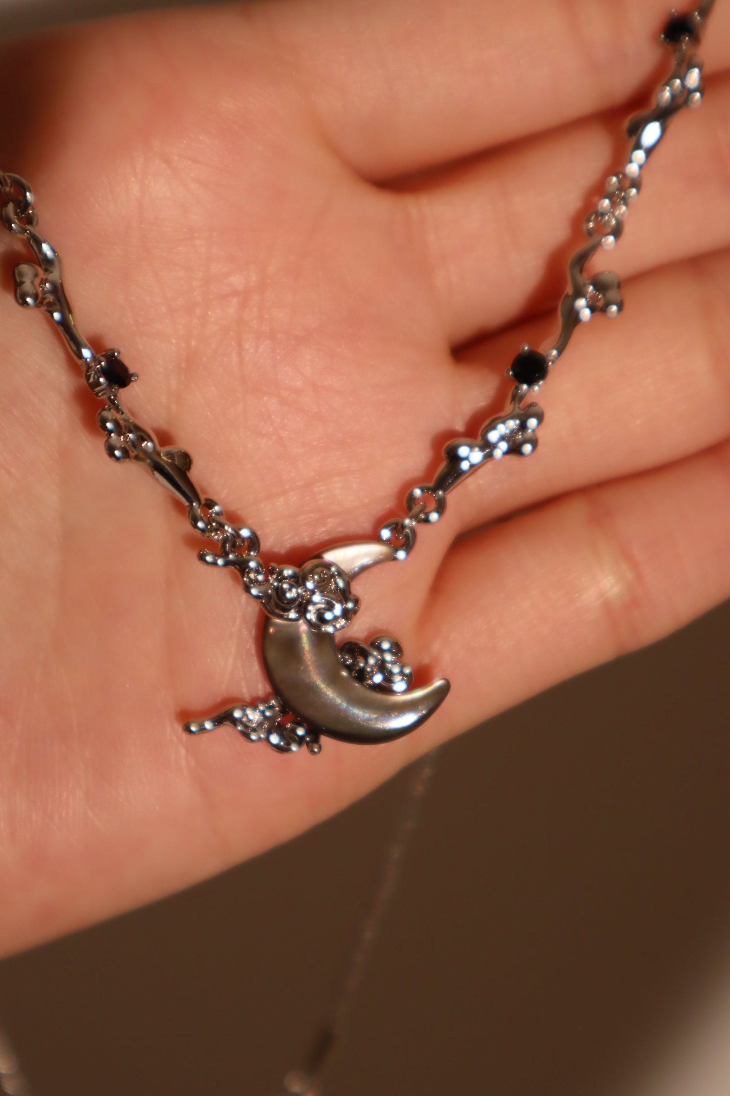Palladium White Gold Plated Black Shell Moon Necklace
