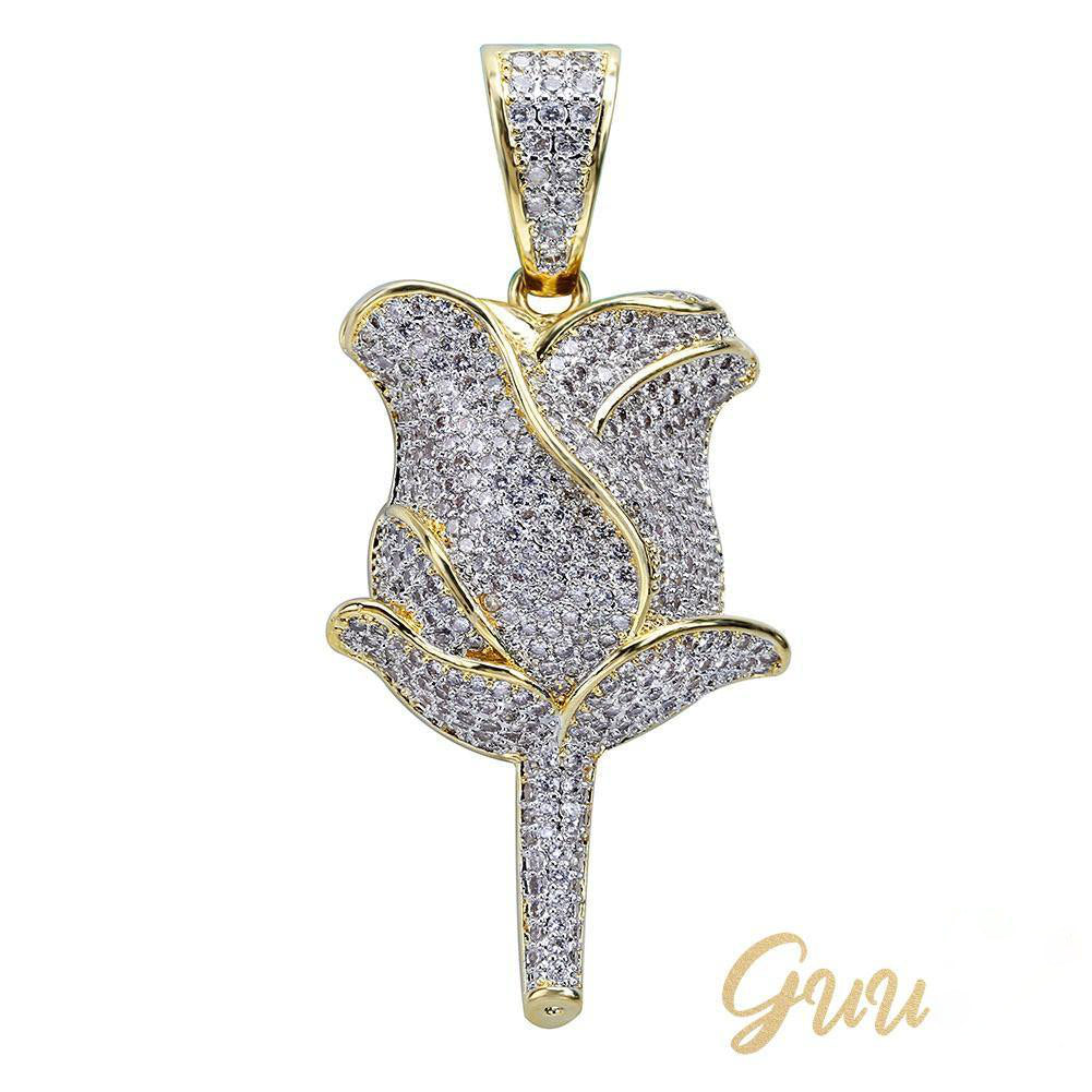 30mm  Iced Gold-Plated CZ  Rose Pendant & Cuban Link Chain