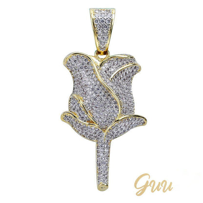 30mm  Iced Gold-Plated CZ  Rose Pendant & Cuban Link Chain