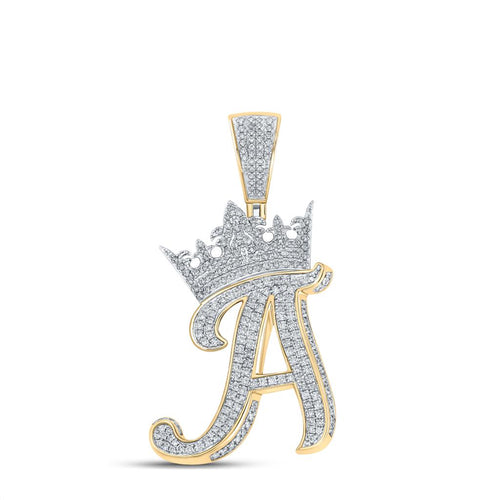 3D Crown A-Z Letter Initial Diamond Pendant 10K Yellow Gold