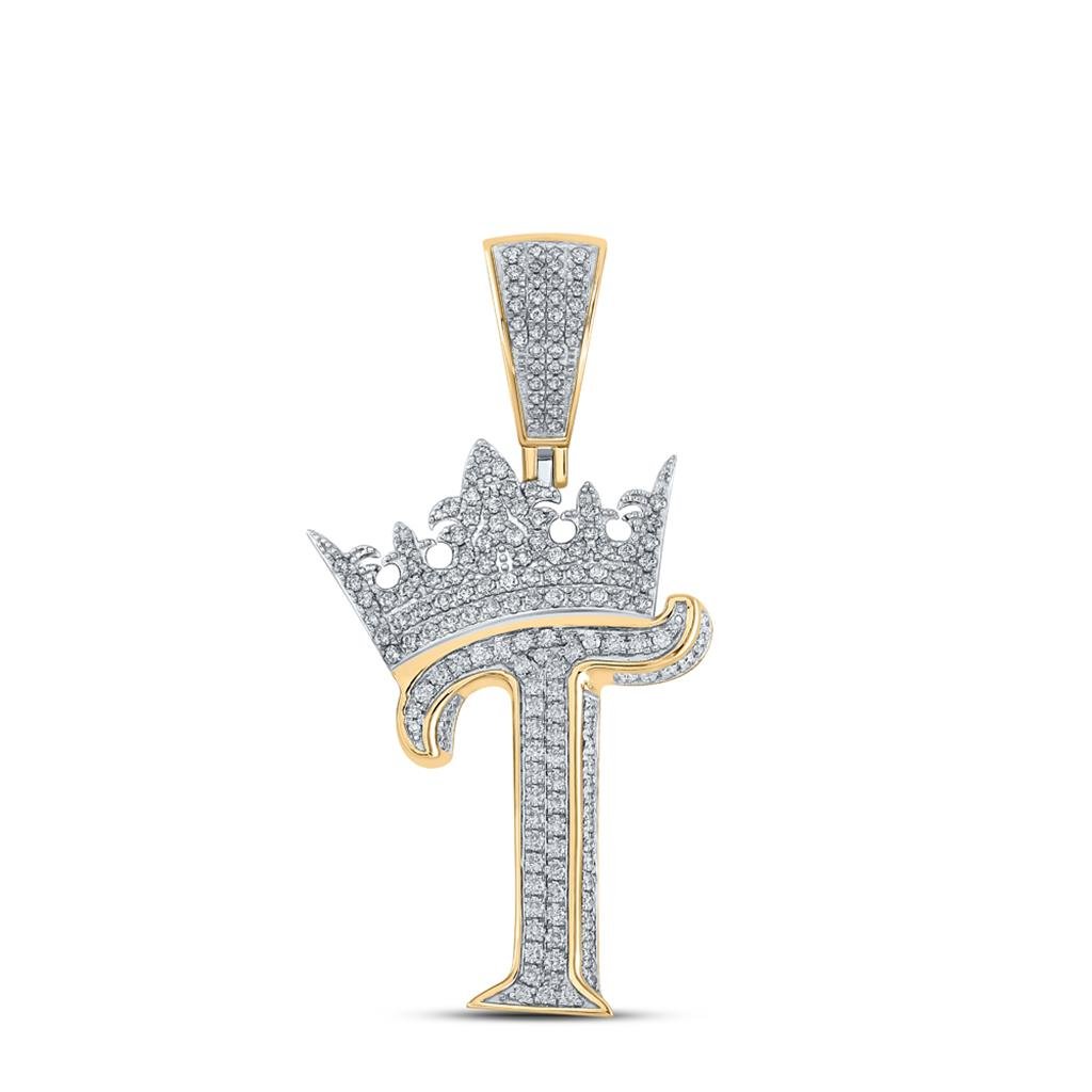 3D Crown A-Z Letter Initial Diamond Pendant 10K Yellow Gold