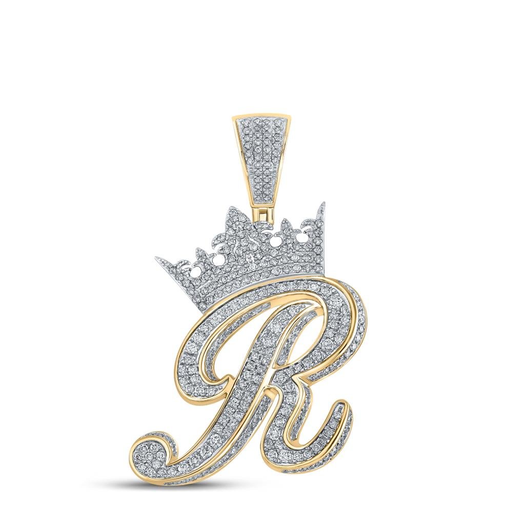 3D Crown A-Z Letter Initial Diamond Pendant 10K Yellow Gold
