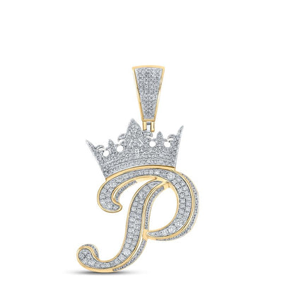 3D Crown A-Z Letter Initial Diamond Pendant 10K Yellow Gold