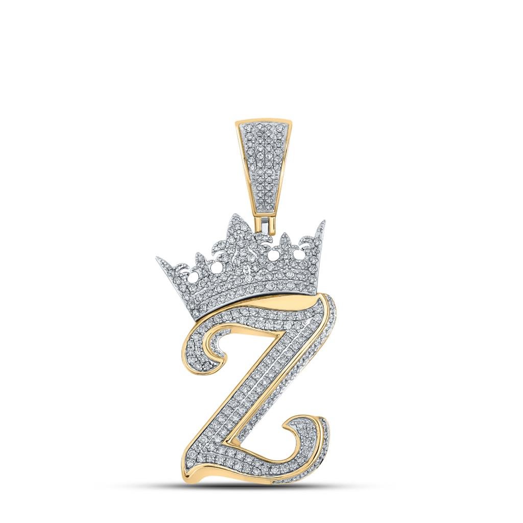 3D Crown A-Z Letter Initial Diamond Pendant 10K Yellow Gold
