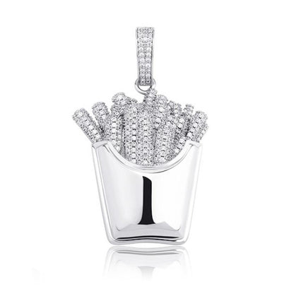 3D French Fries Fast Food CZ Iced Out Hip Hop Bling Pendant