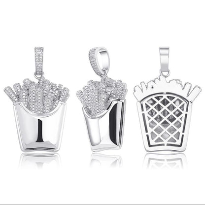 3D French Fries Fast Food CZ Iced Out Hip Hop Bling Pendant