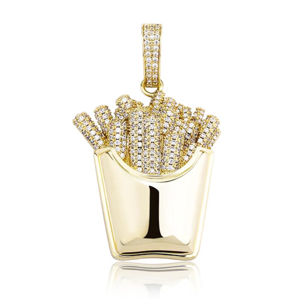 3D French Fries Fast Food CZ Iced Out Hip Hop Bling Pendant