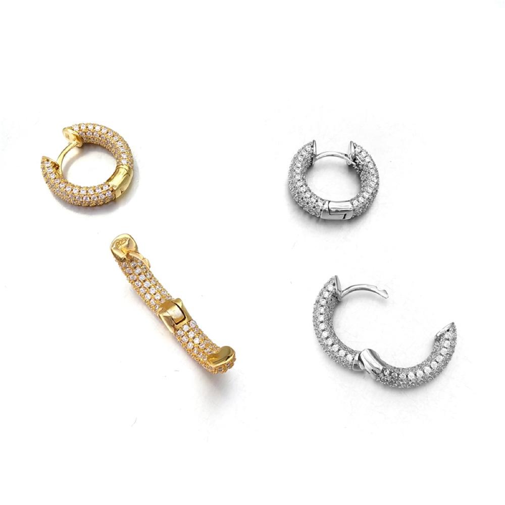 3D Full Micro Pave CZ Iced Out Huggie Hoop Earrings .925 Silver
