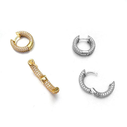 3D Full Micro Pave CZ Iced Out Huggie Hoop Earrings .925 Silver