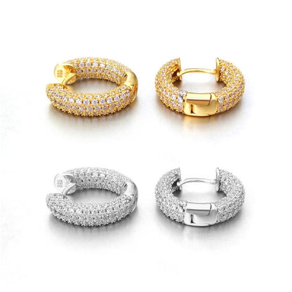 3D Full Micro Pave CZ Iced Out Huggie Hoop Earrings .925 Silver