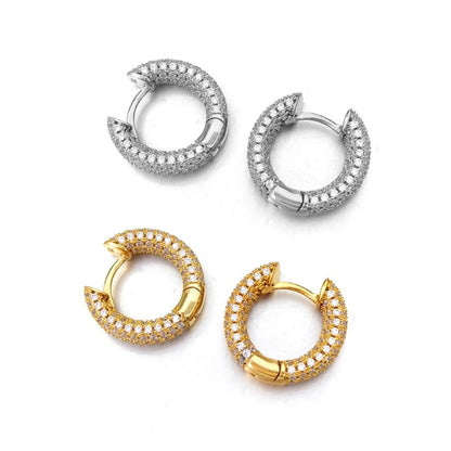 3D Full Micro Pave CZ Iced Out Huggie Hoop Earrings .925 Silver