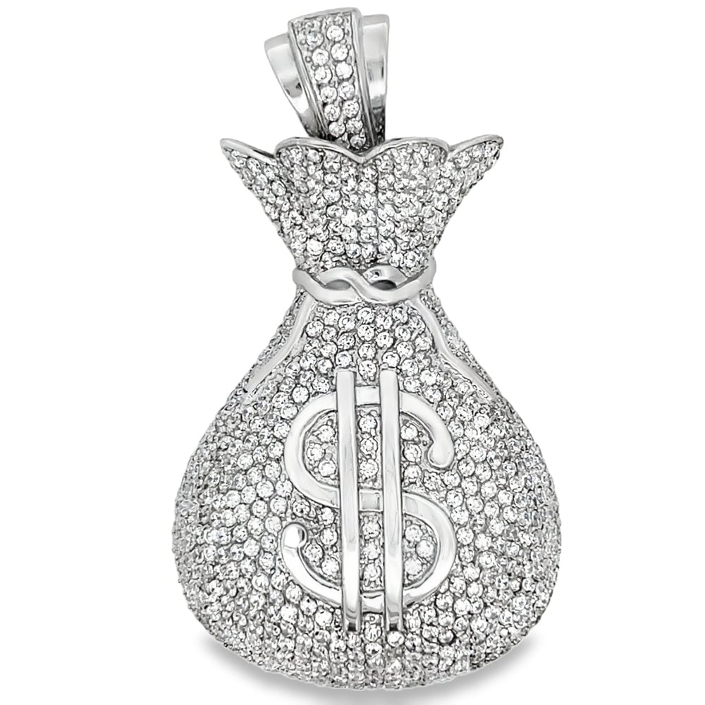 3D Money Bag CZ Iced Out Pendant Stainless Steel