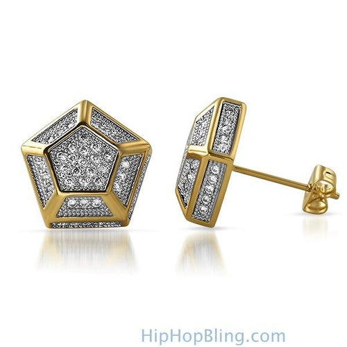 3D Pentagon Gold CZ Bling Bling Earrings