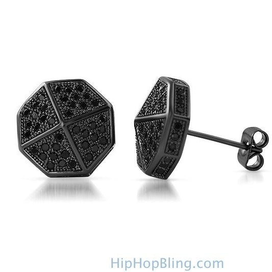 3D Pointed Octagon Black CZ Hip Hop Earrings
