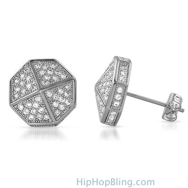 3D Pointed Octagon Rhodium CZ Hip Hop Earrings