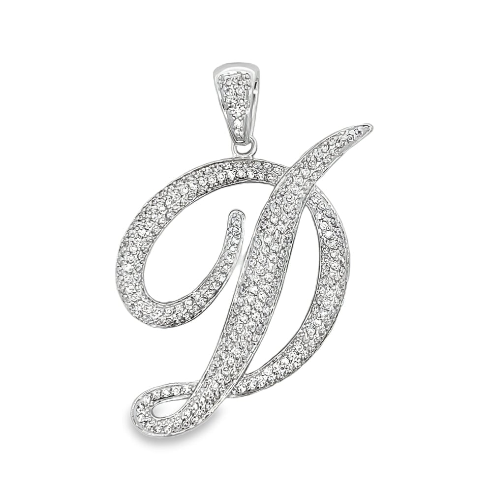 3D Script Initial Letter White CZ Iced Out Pendant