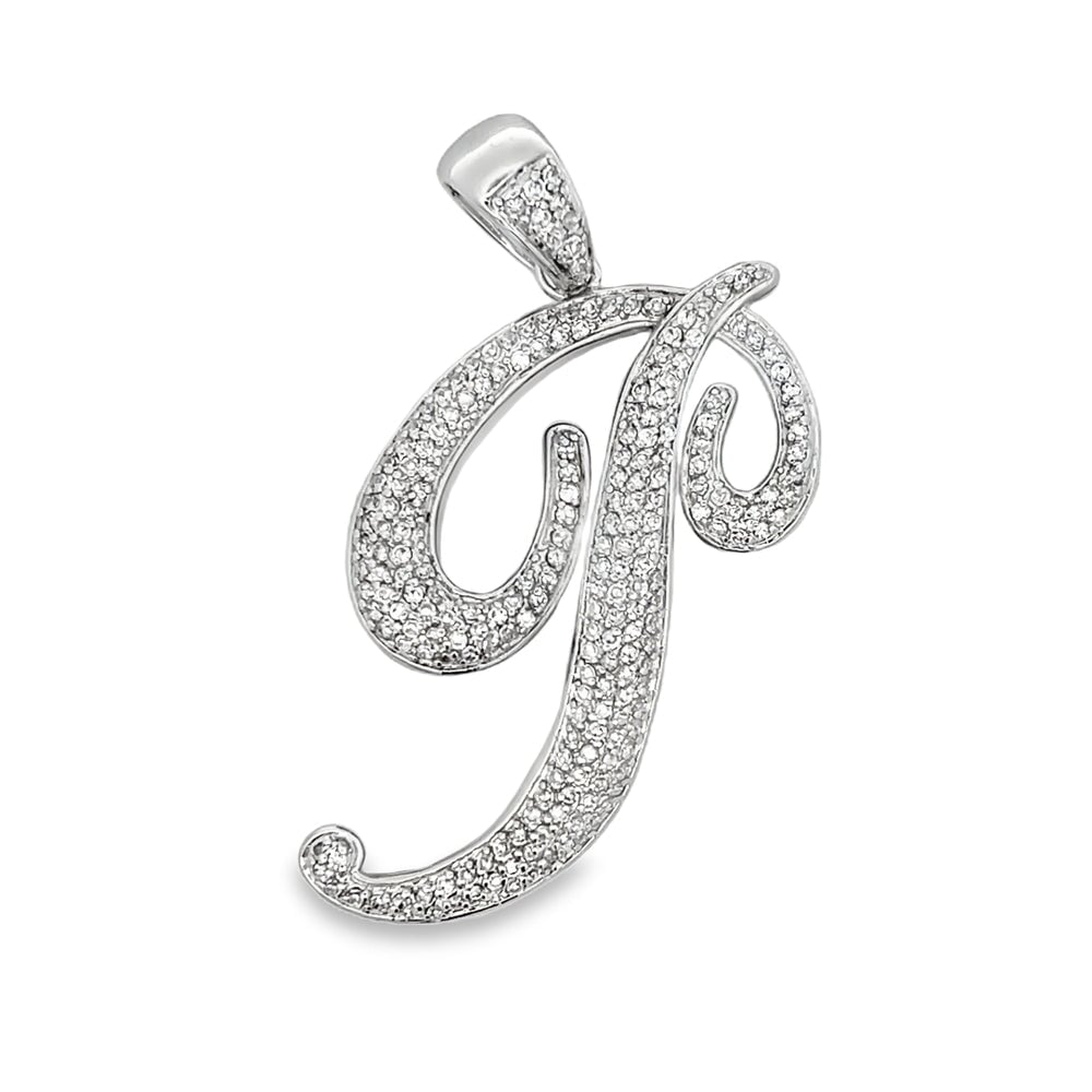 3D Script Initial Letter White CZ Iced Out Pendant