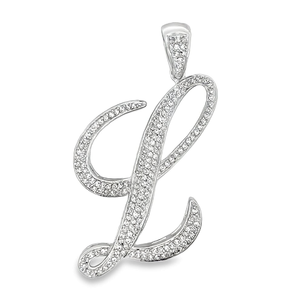 3D Script Initial Letter White CZ Iced Out Pendant