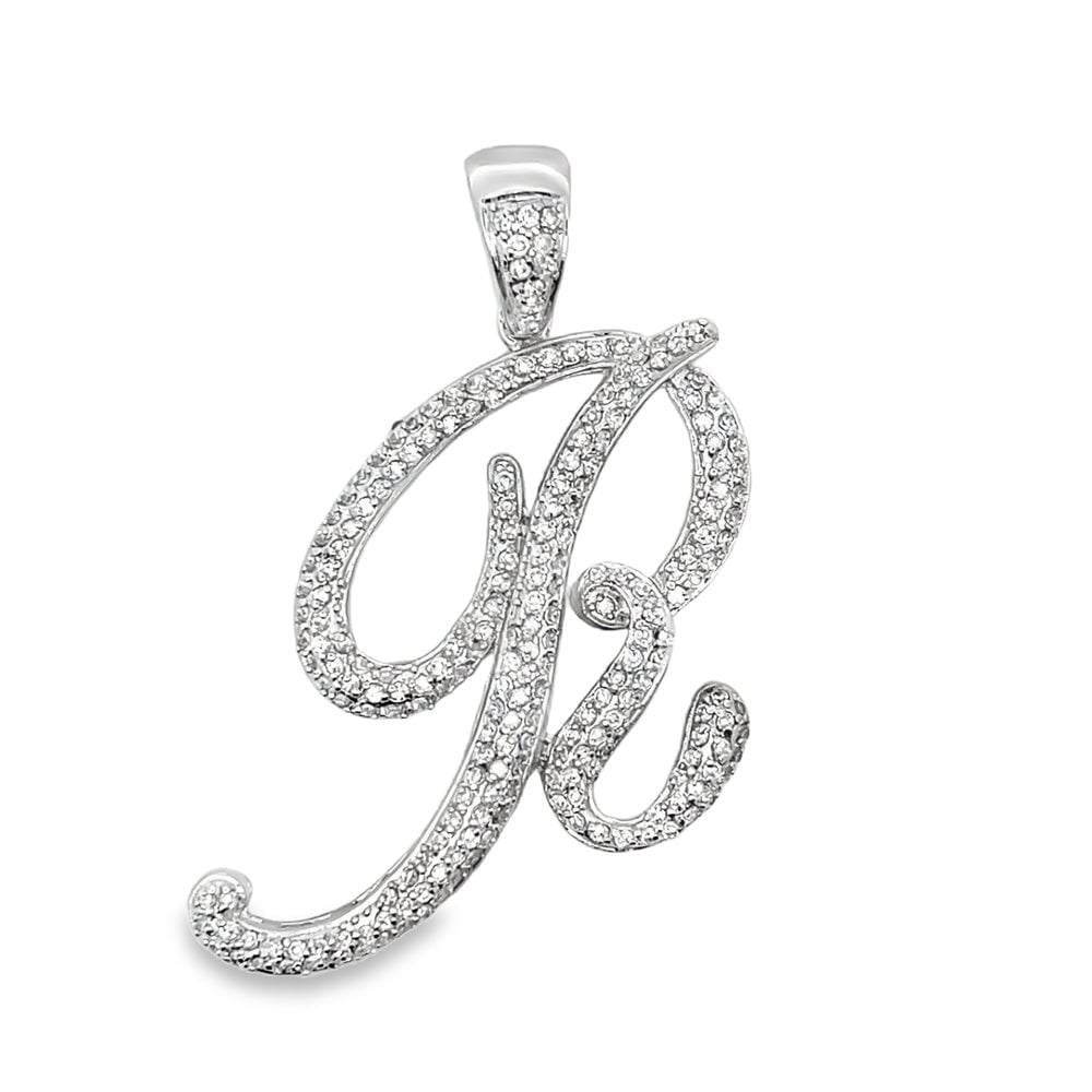 3D Script Initial Letter White CZ Iced Out Pendant