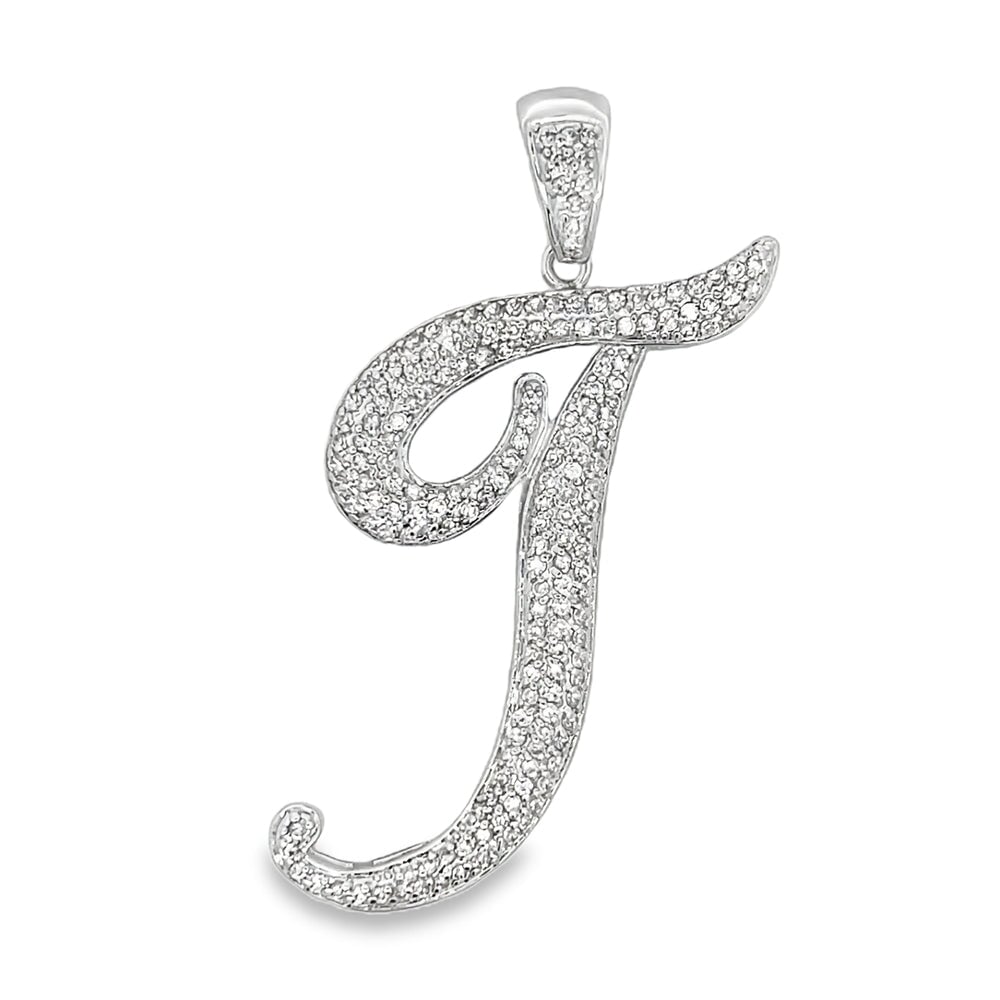 3D Script Initial Letter White CZ Iced Out Pendant