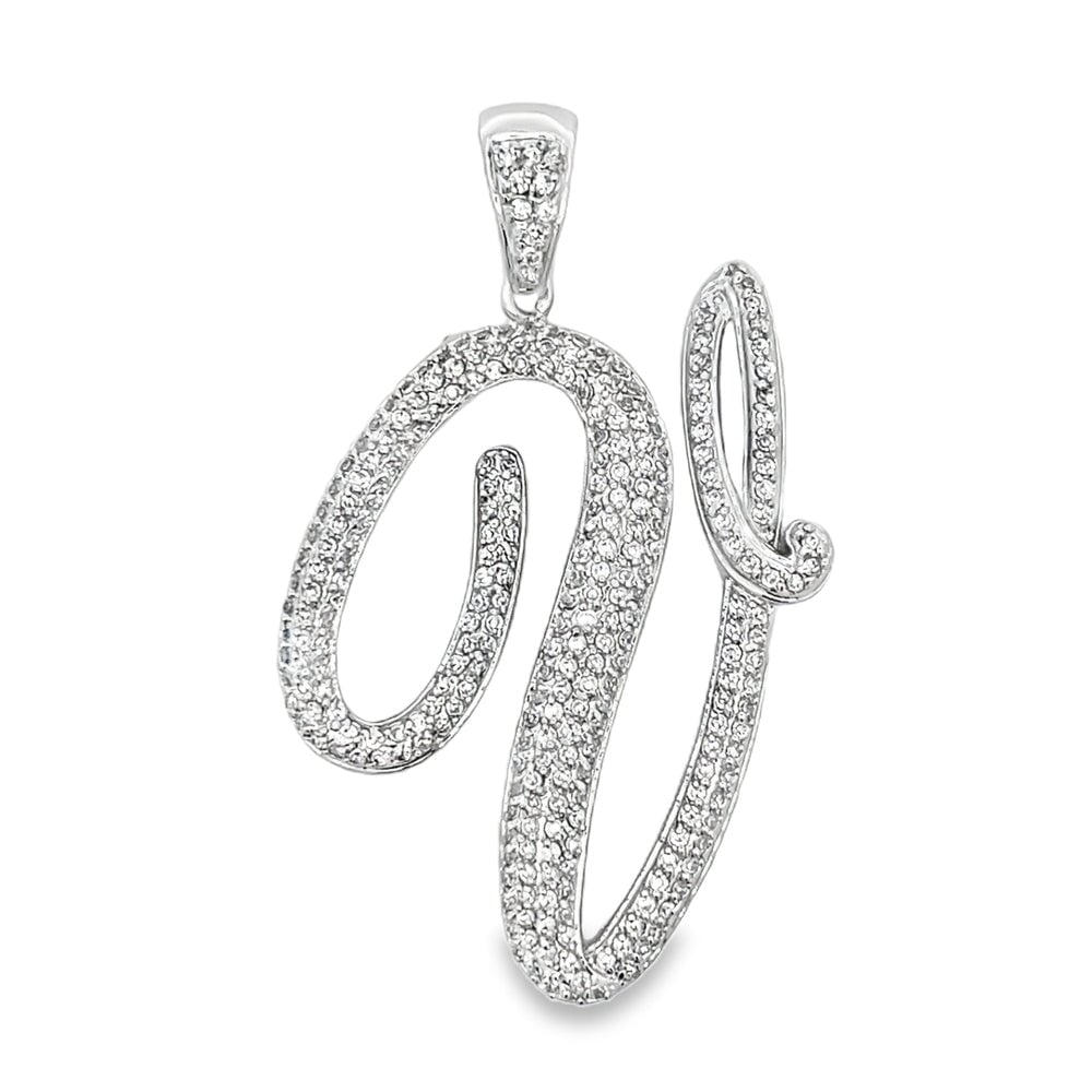 3D Script Initial Letter White CZ Iced Out Pendant