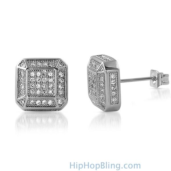 3D Smooth Box Rhodium CZ Micro Pave Bling Earrings
