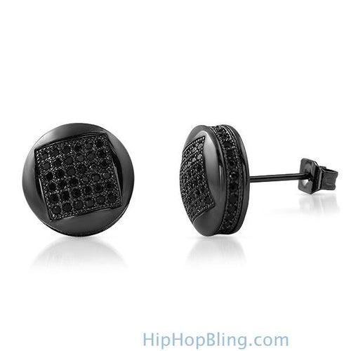 3D Square in Circle Black CZ Bling Bling Earrings