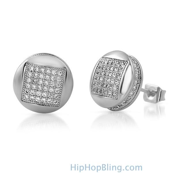 3D Square in Circle Rhodium CZ Bling Bling Earrings