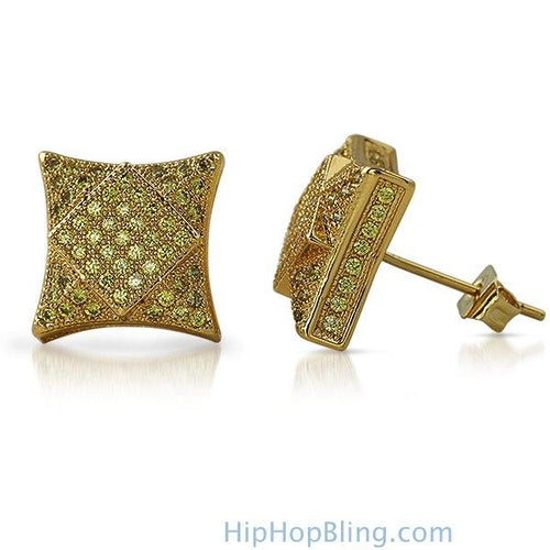 3D Square in Kite Lemonade CZ Micro Pave Bling Earrings