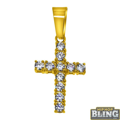 3MM CZ Tennis Cross Bling Bling Gold Steel