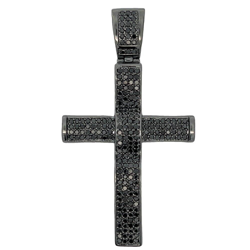 4 Row Rounded Black Cross CZ Pendant .925 Sterling Silver