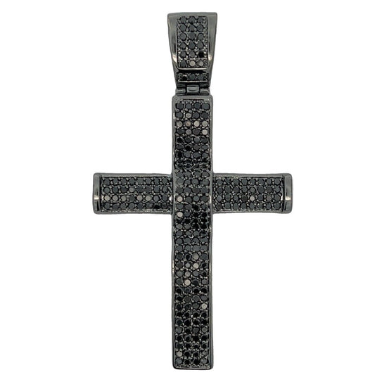 4 Row Rounded Black Cross CZ Pendant .925 Sterling Silver