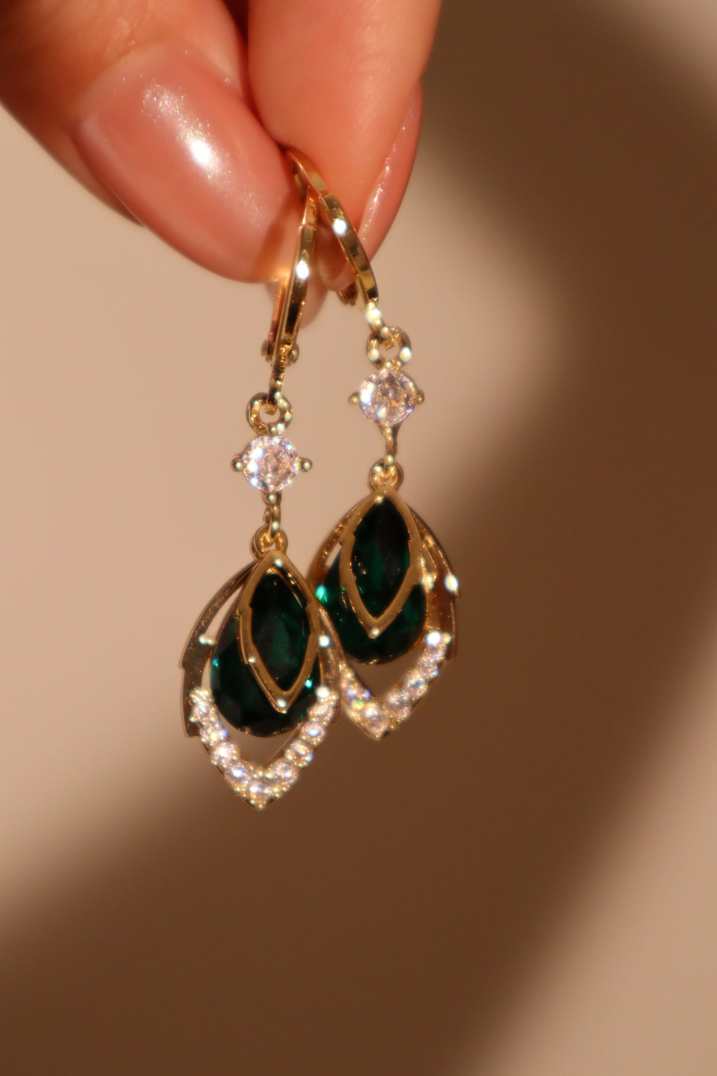 18K Real Gold Plated Green Gem Droplet Earrings