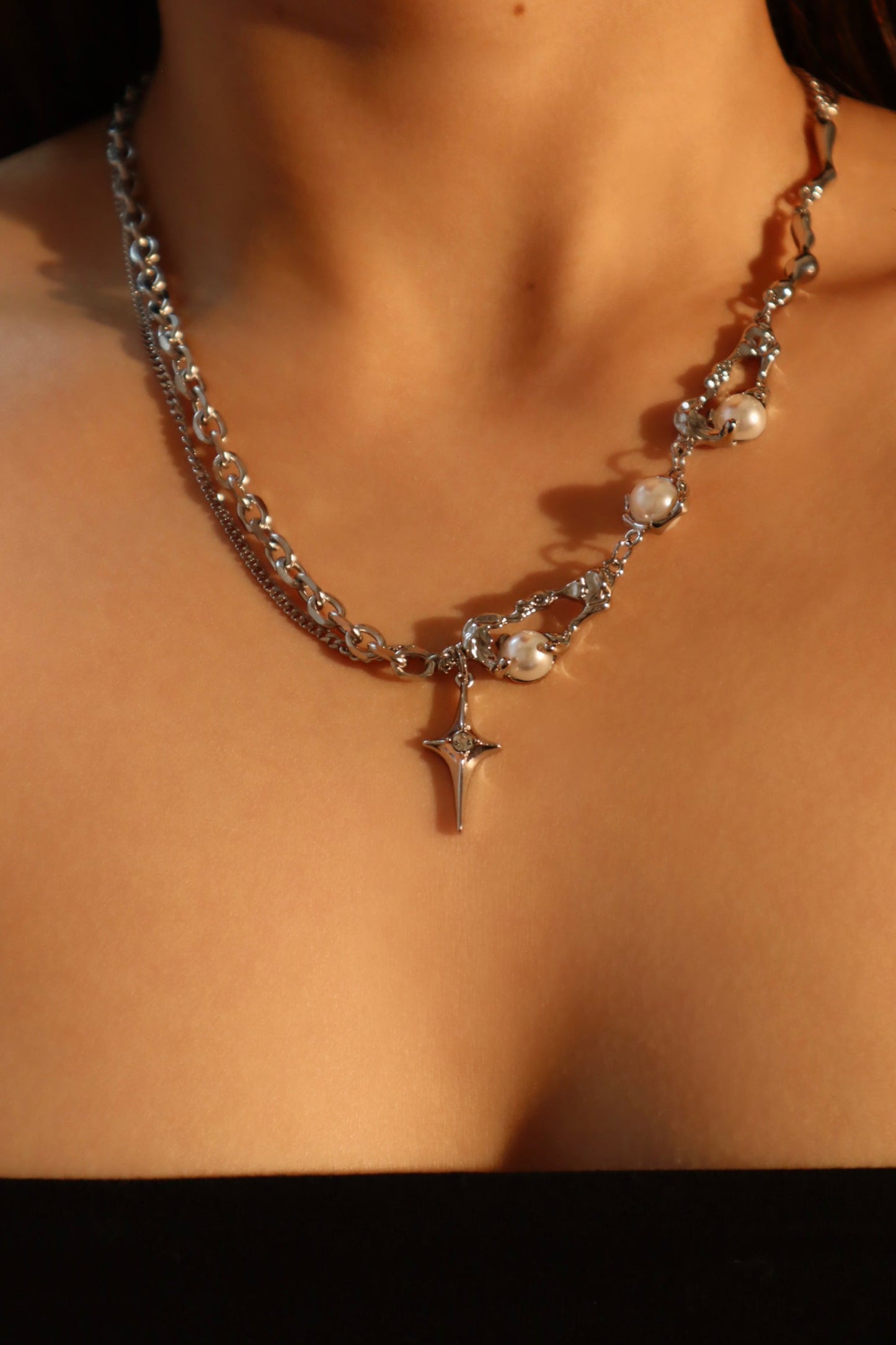 Palladium White Gold Plated Pearl Star Necklace