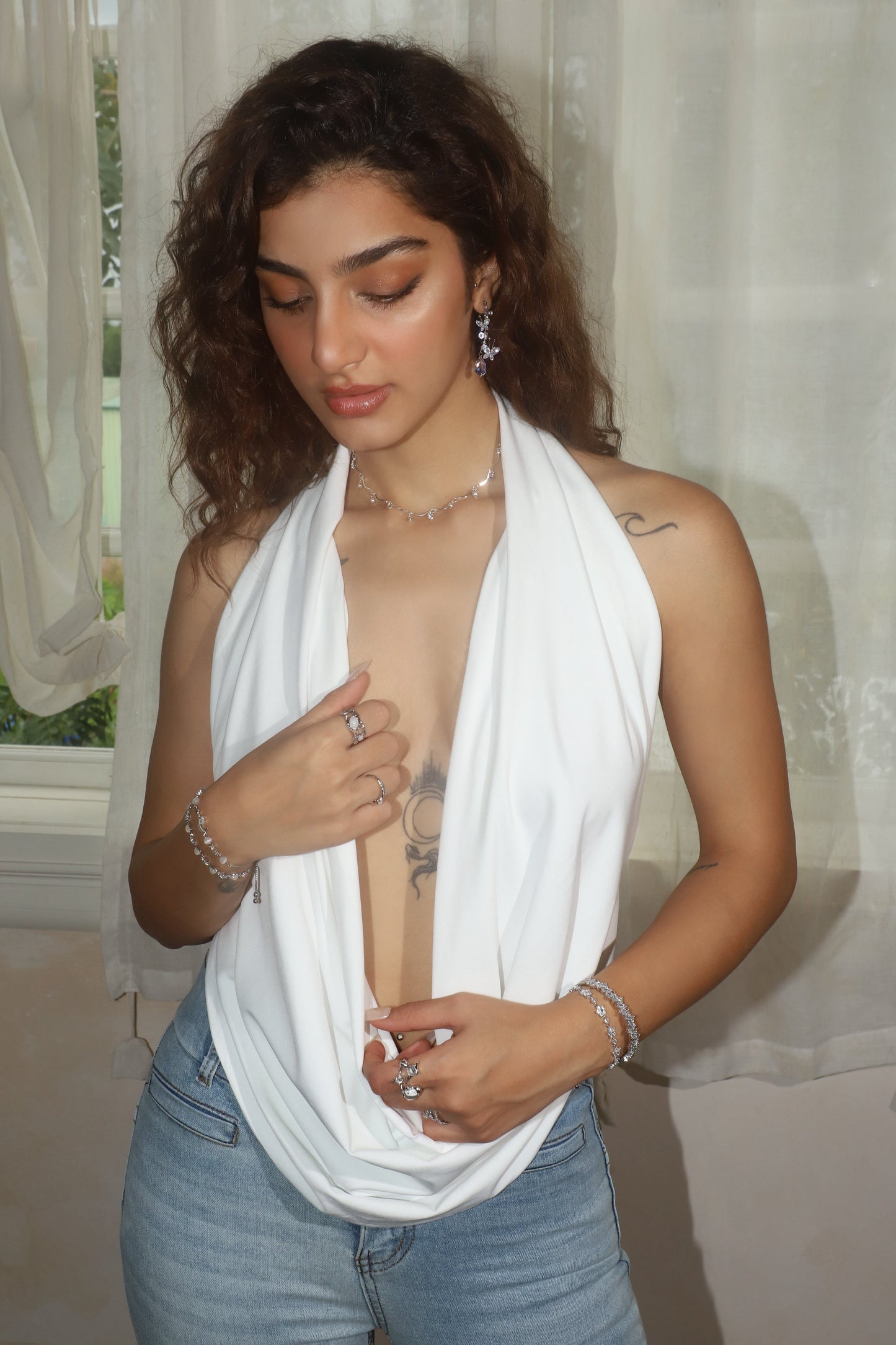 Palladium White Gold Plated Pole Star Wave Layer Necklace