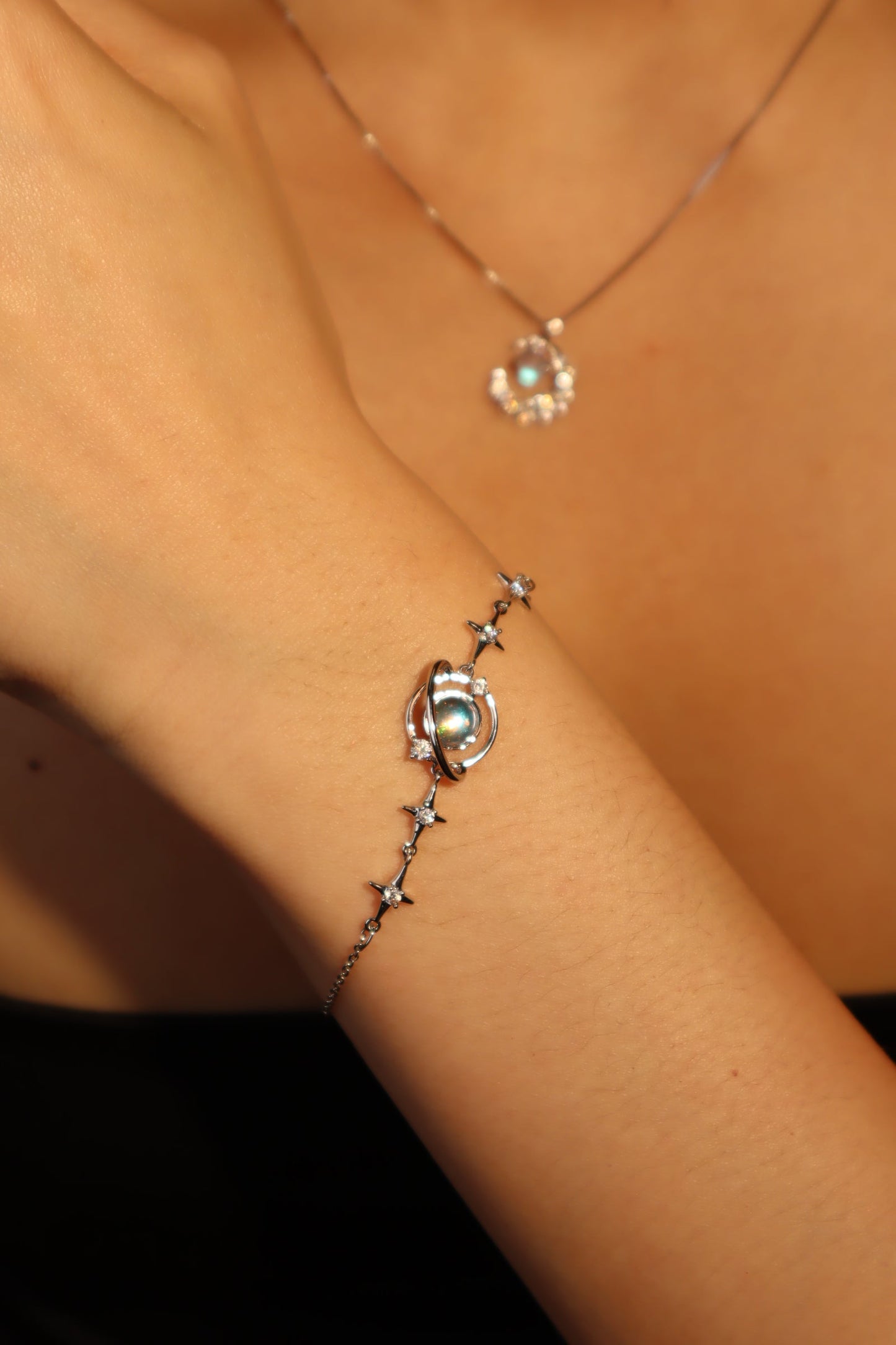 Palladium White Gold Plated Moonstone Saturn Star Bracelet