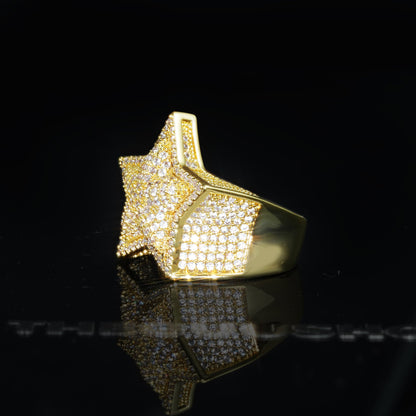 18k Solid Gold-Plated Micro-inlay Rhinestone Pentagram Hip Hop Ring