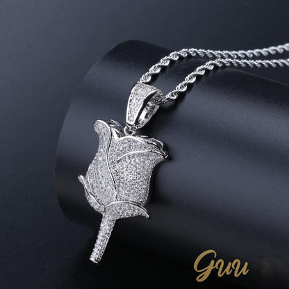 30mm  Iced Gold-Plated CZ  Rose Pendant & Cuban Link Chain