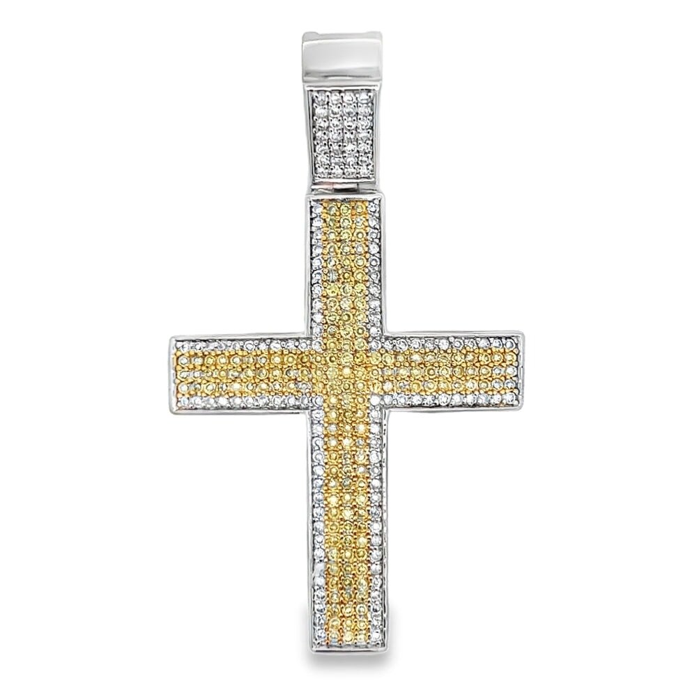 5 Row White Yellow Cross CZ Pendant .925 Sterling Silver