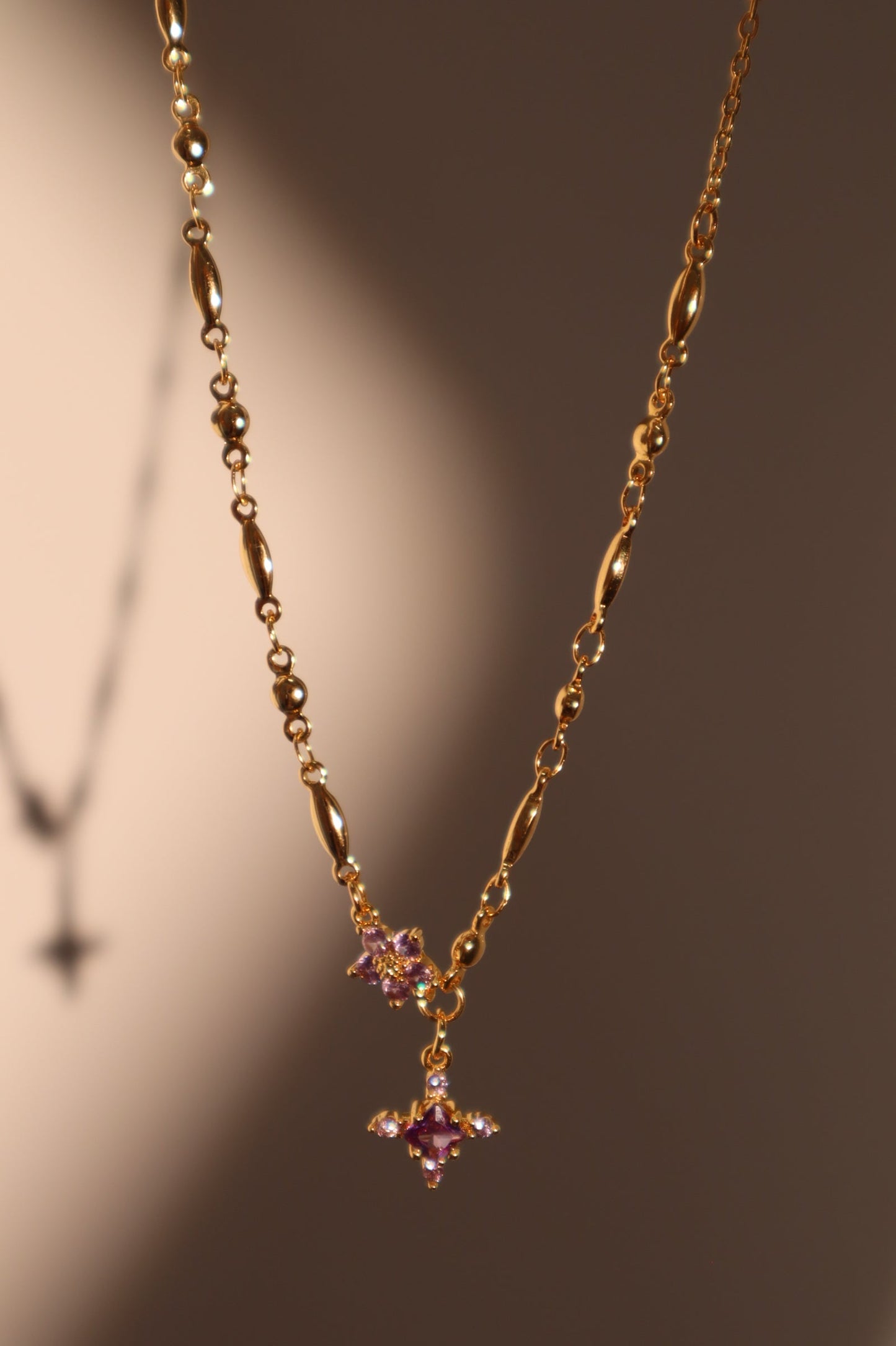 18K Real Gold Plated Amethyst Starlight Cross Necklace