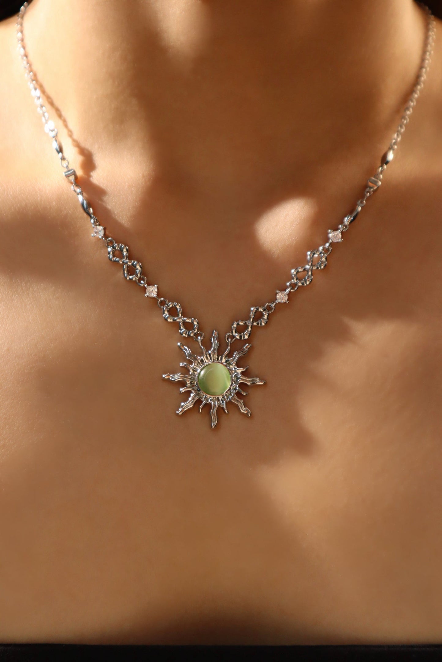 Palladium White Gold Plated Green Opal Sun Necklace