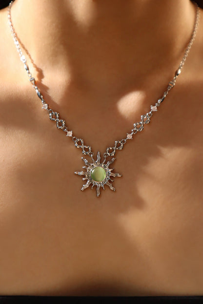Palladium White Gold Plated Green Opal Sun Necklace