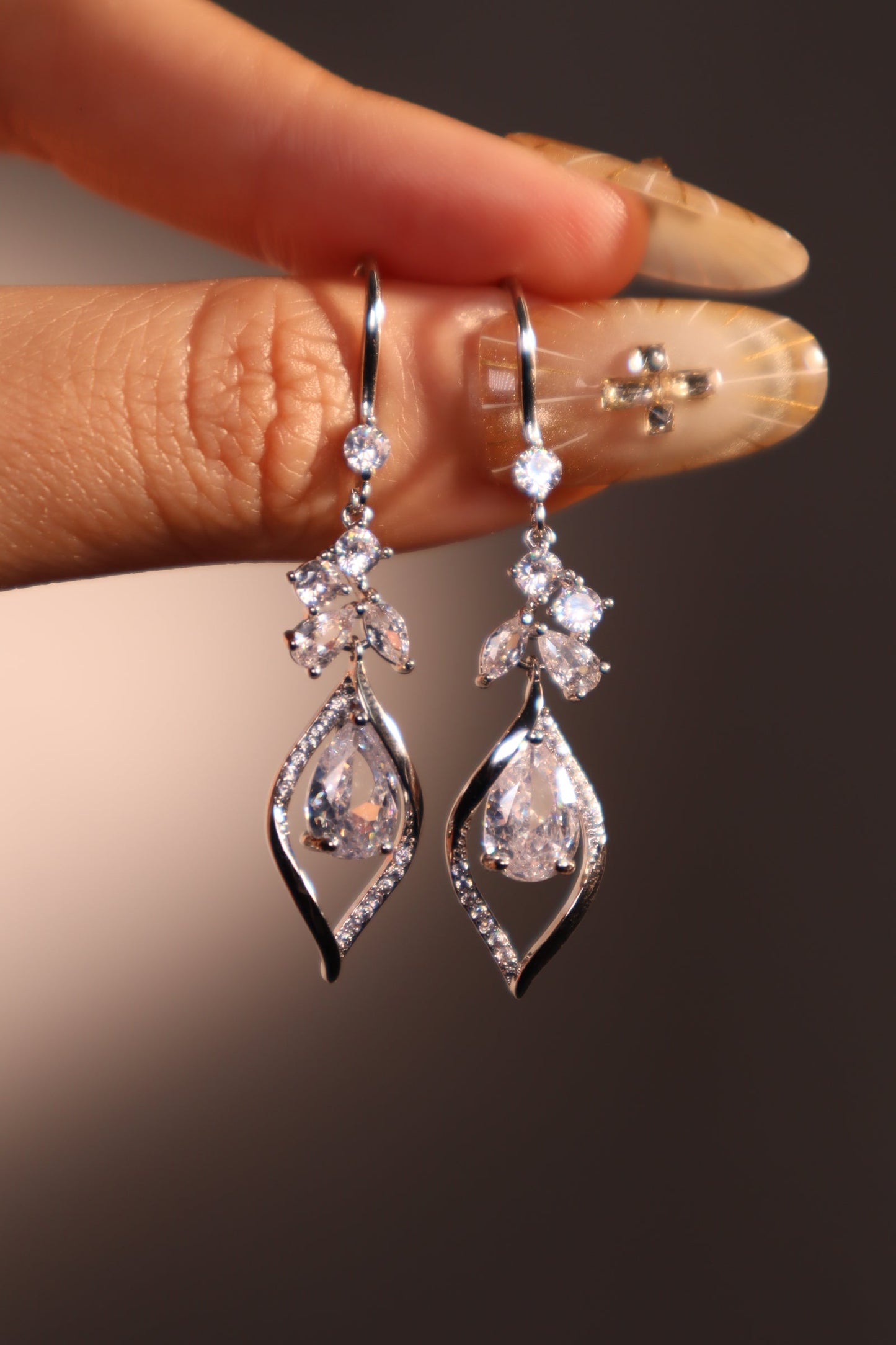 Palladium White Gold Plated Diamond Droplet Dangle Earrings