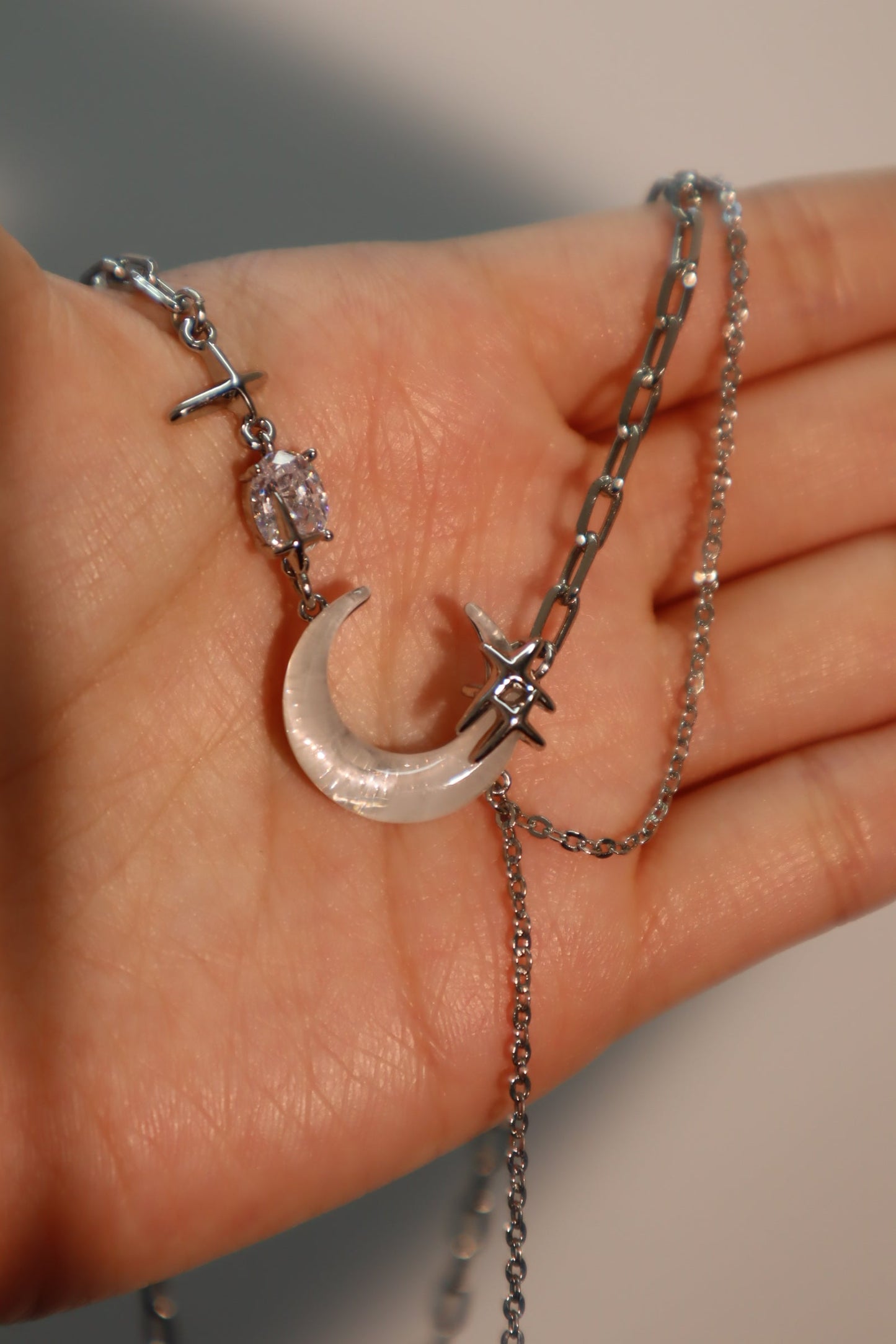 Palladium White Gold Plated Moon Star Chain Necklace