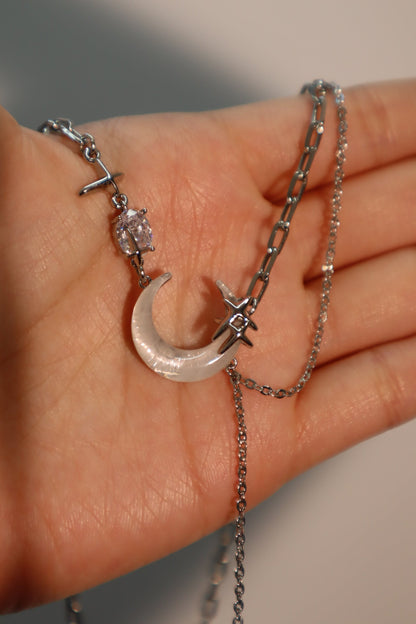 Palladium White Gold Plated Moon Star Chain Necklace