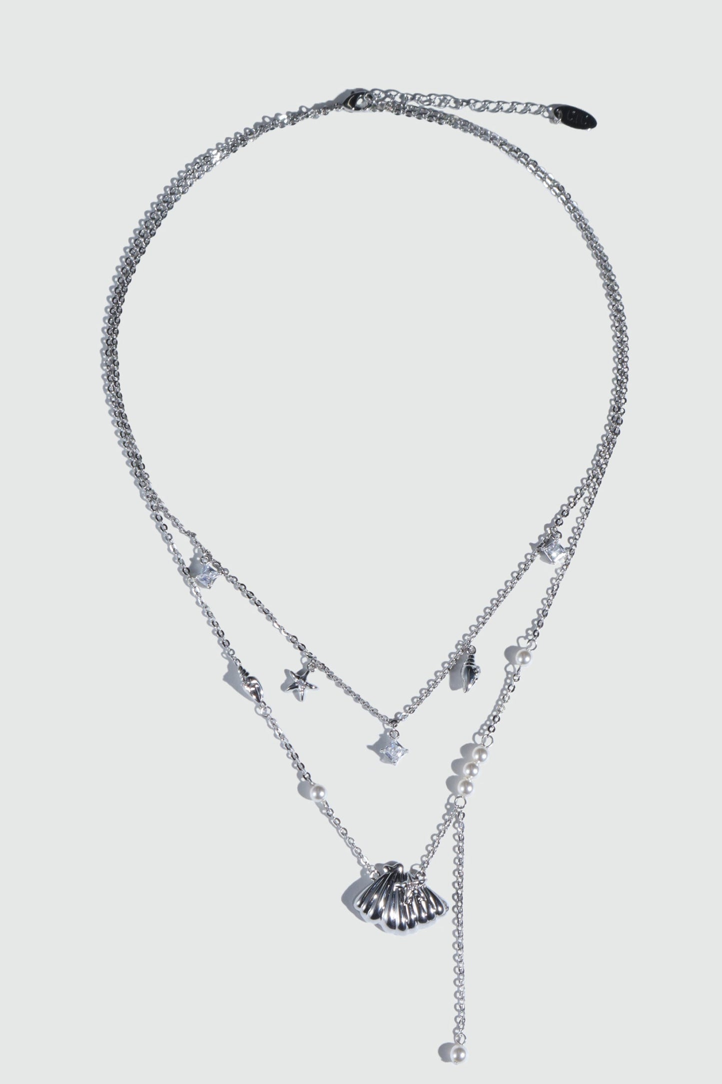 Palladium White Gold Plated Shell Starfish Pearls Layer Necklace